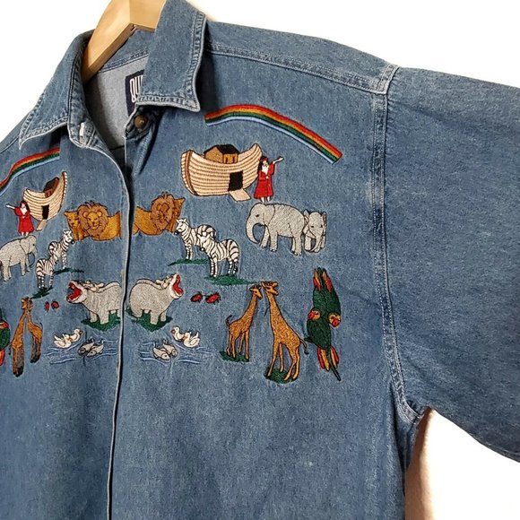 Vintage Quizz Woman Chambray Button Shirt Noah’s Ark Animals - Picture 2 of 6